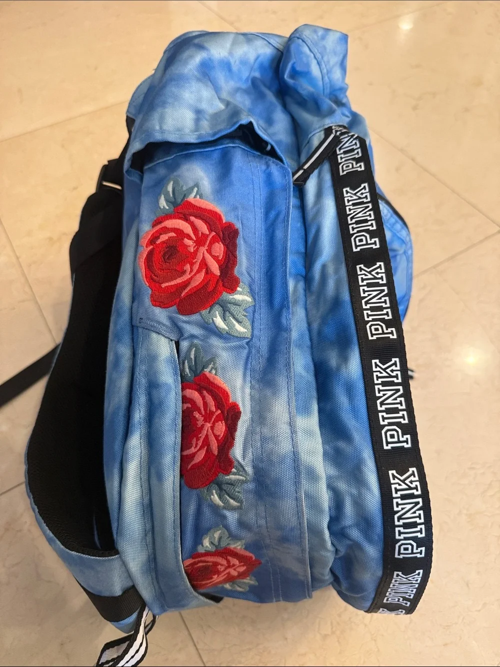 PINK Victoria's Secret Blue Tie-Dye Backpack with 'P' Patch